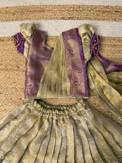 Off-White & Lavender Half Saree with sleeves aari | CPM_0474