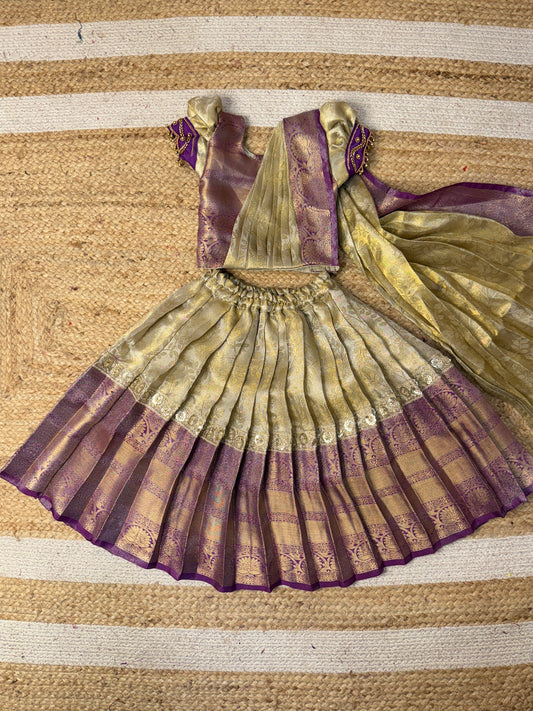 Off-White & Lavender Half Saree with sleeves aari | CPM_0474