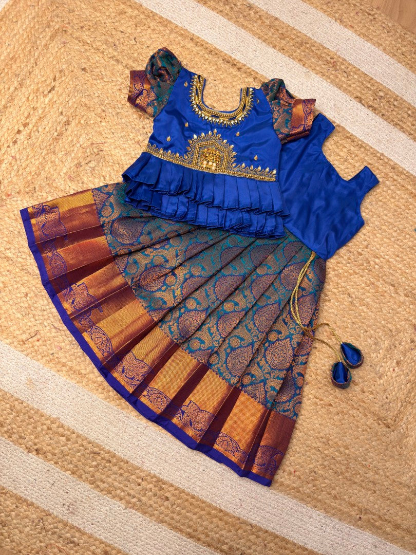 Blue Premium Aari Pattu Pavadai with Double-Layered Frills | CPM_0480