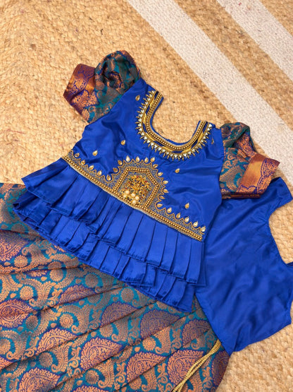 Blue Premium Aari Pattu Pavadai with Double-Layered Frills | CPM_0480