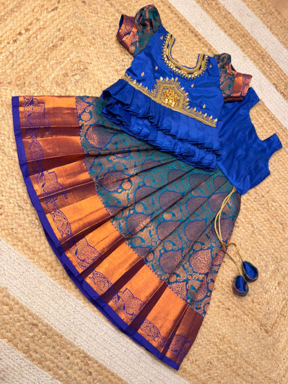 Blue Premium Aari Pattu Pavadai with Double-Layered Frills | CPM_0480
