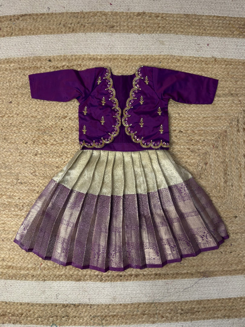 Purple & White Tissue Silk Aari Overcoat Set | CPM_0486