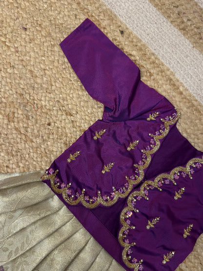 Purple & White Tissue Silk Aari Overcoat Set | CPM_0486