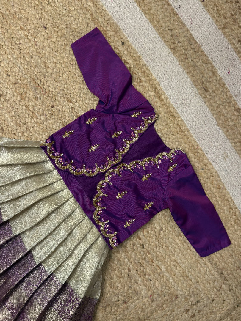 Purple & White Tissue Silk Aari Overcoat Set | CPM_0486