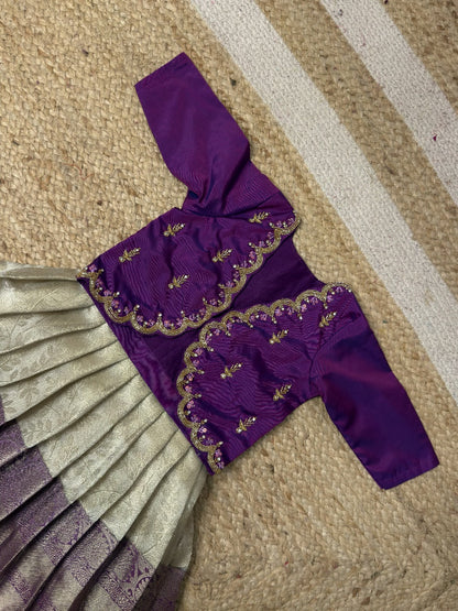 Purple & White Tissue Silk Aari Overcoat Set | CPM_0486