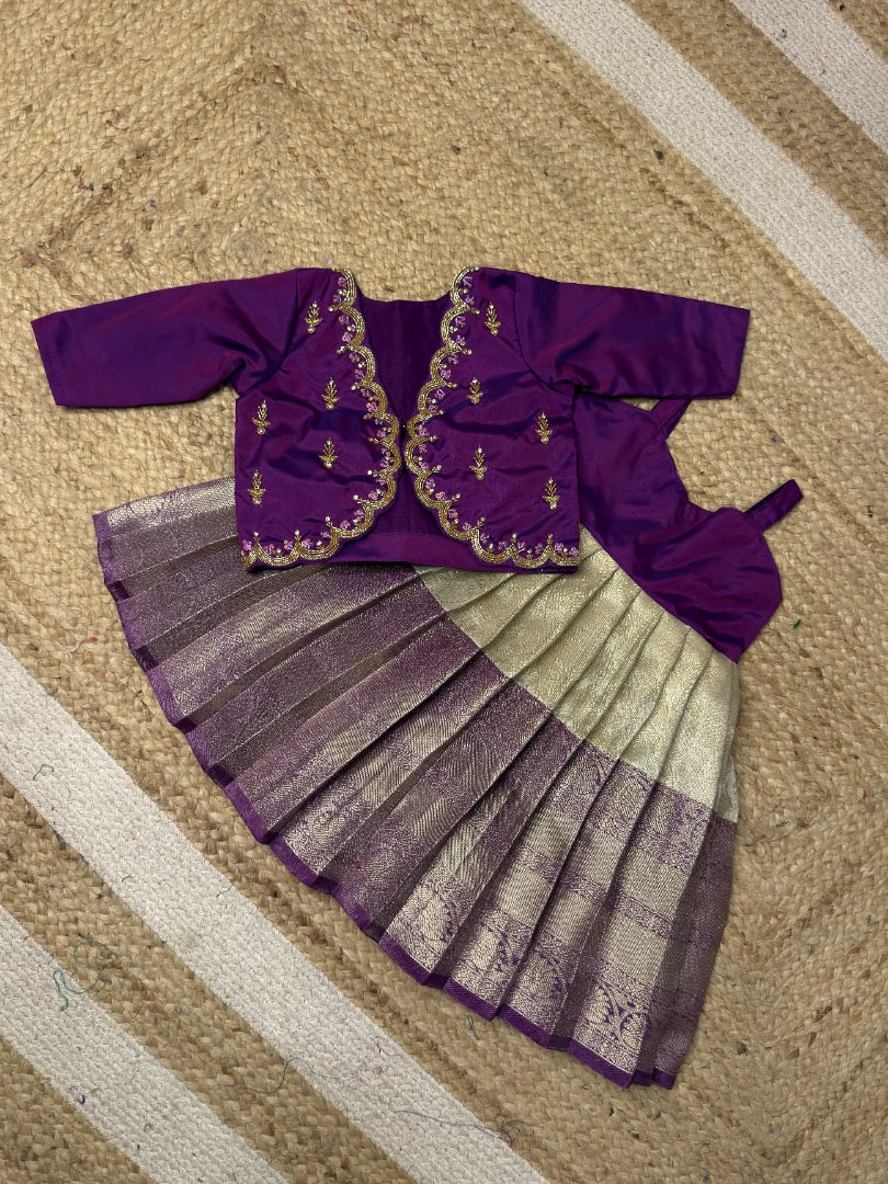 Purple & White Tissue Silk Aari Overcoat Set | CPM_0486