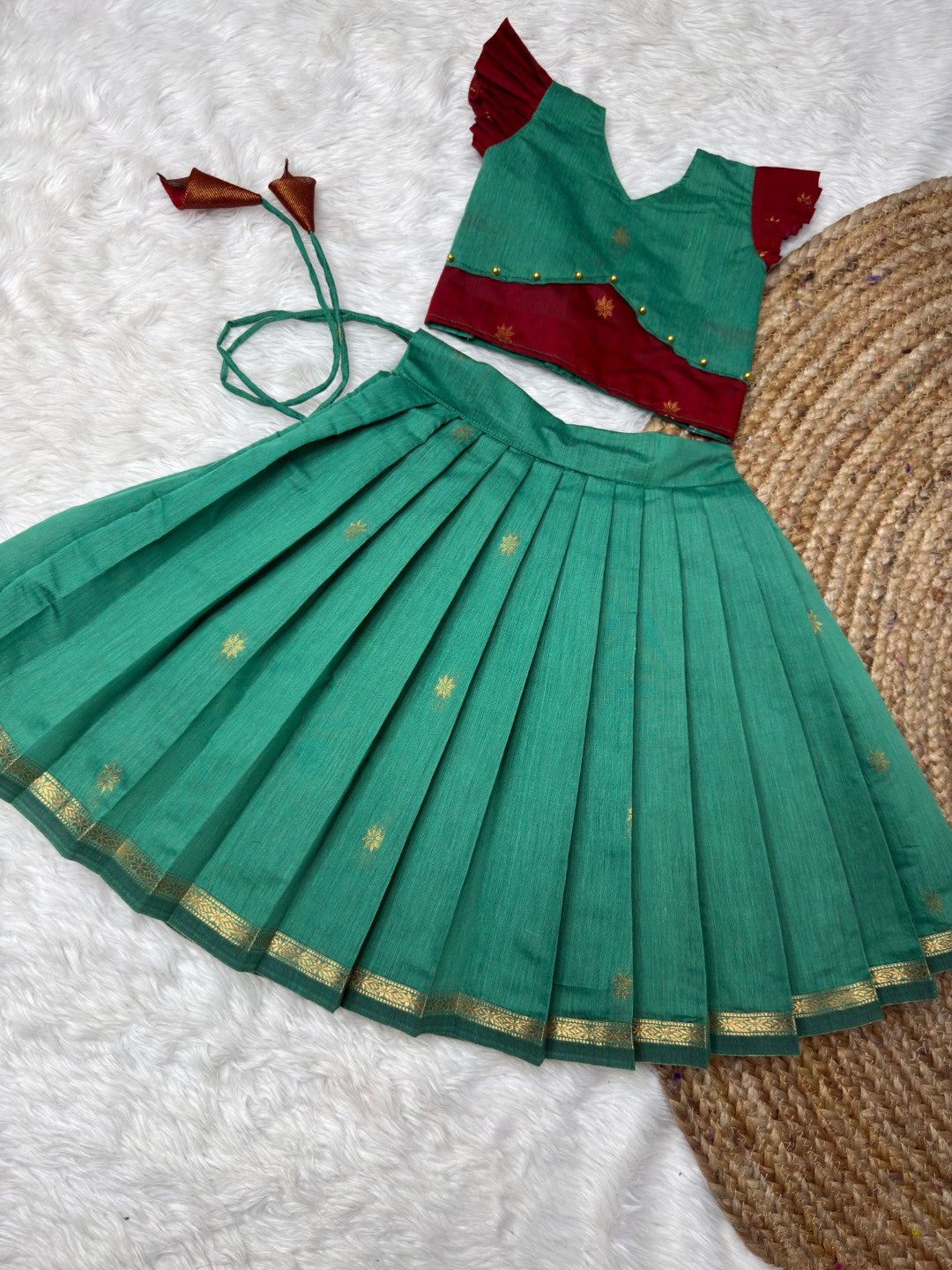 Sea Green & Red Maheshwari Silk Cotton Set | CPM_0492
