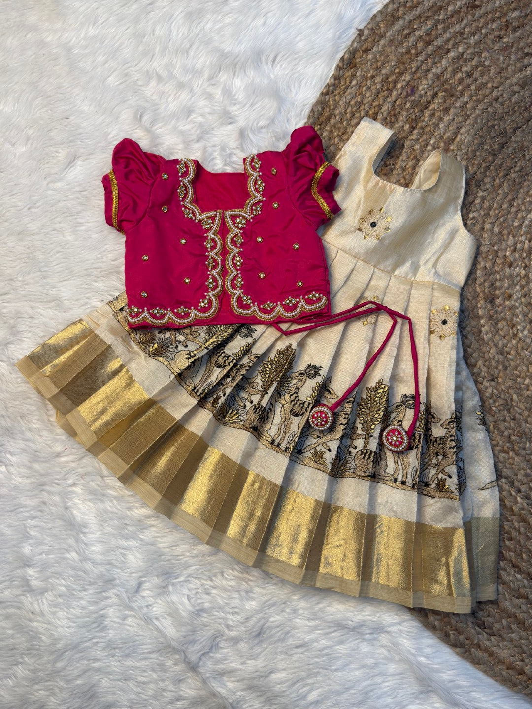 Pink & Off-White Tissue Silk Aari Overcoat Set | CPM_0495