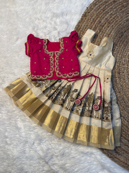 Pink & Off-White Tissue Silk Aari Overcoat Set | CPM_0495