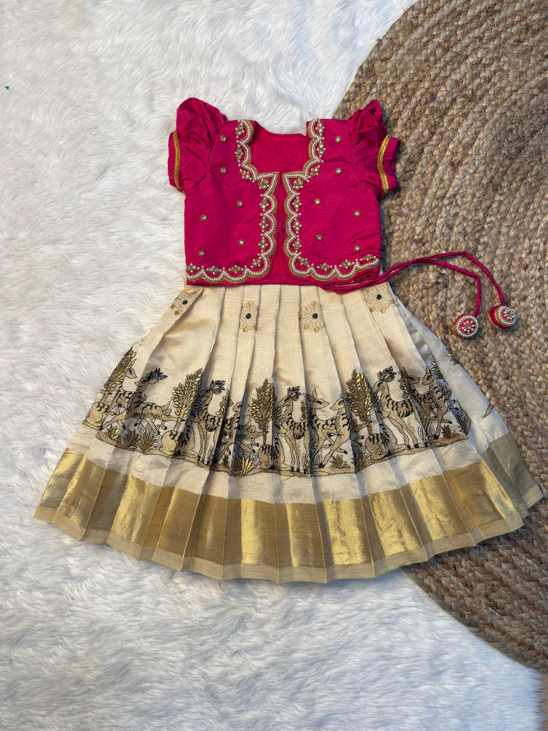 Pink & Off-White Tissue Silk Aari Overcoat Set | CPM_0495