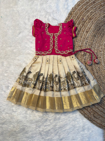 Pink & Off-White Tissue Silk Aari Overcoat Set | CPM_0495