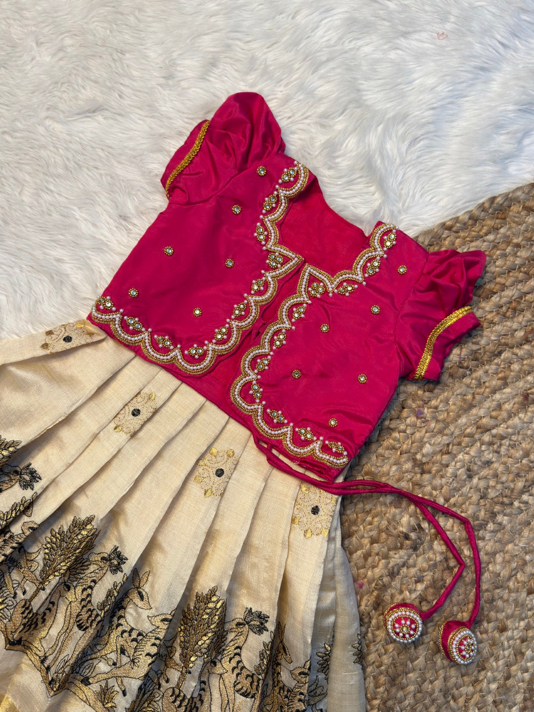 Pink & Off-White Tissue Silk Aari Overcoat Set | CPM_0495