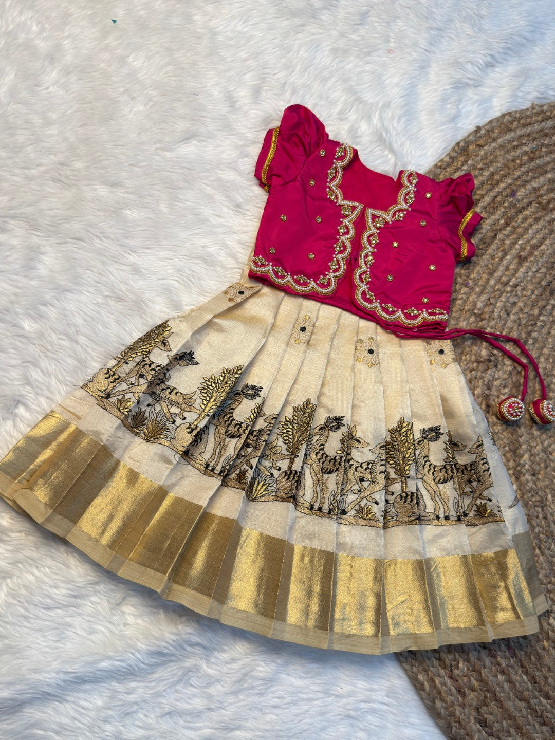 Pink & Off-White Tissue Silk Aari Overcoat Set | CPM_0495