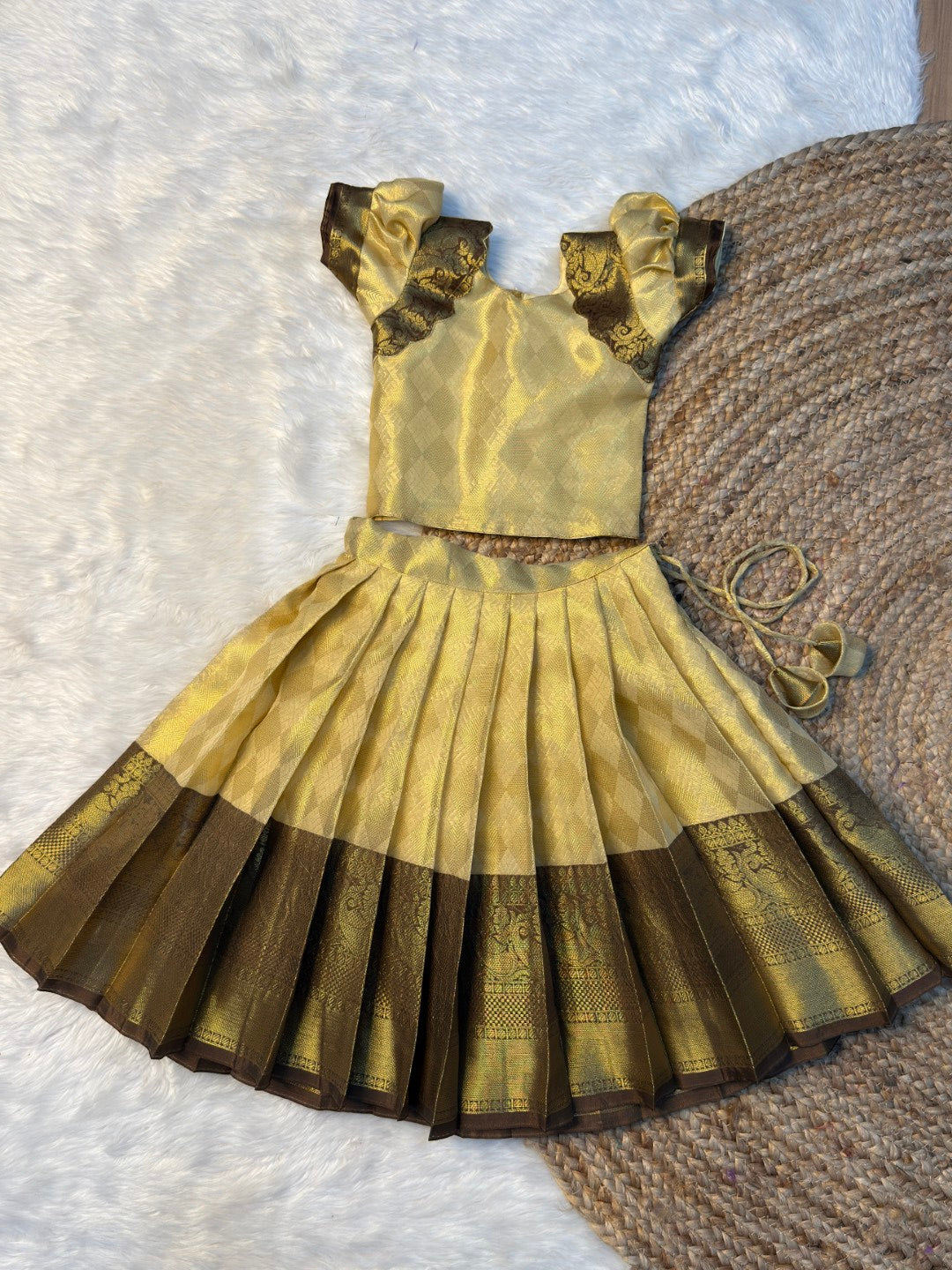 Cream & Brown Soft Tissue Silk Pattu Pavadai | Ready to Dispatch