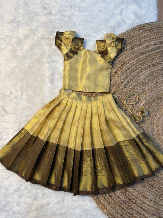 Cream & Brown Soft Tissue Silk Pattu Pavadai | CPM_0496