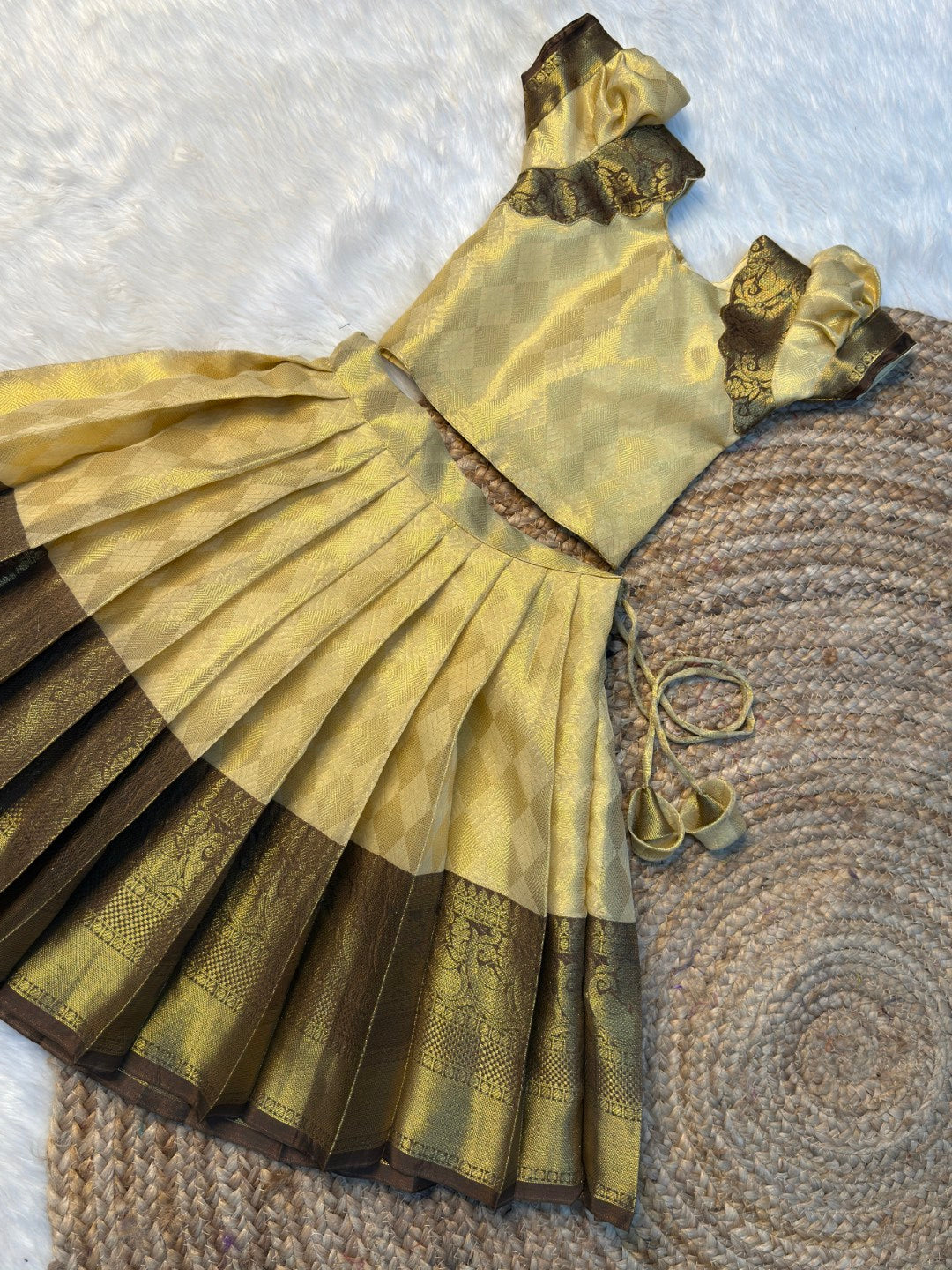 Cream & Brown Soft Tissue Silk Pattu Pavadai | Ready to Dispatch