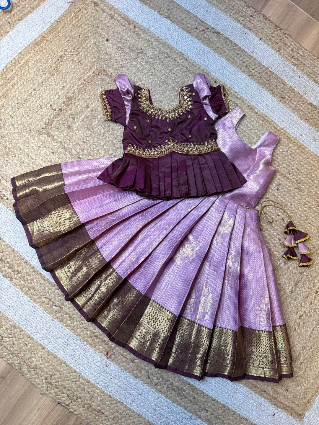 Lavender & Purple Aari Work Peplum Pattu Pavadai | CPM_0497