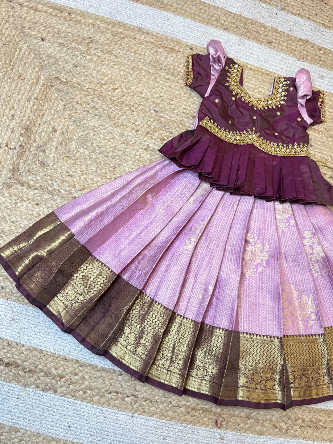 Lavender & Purple Aari Work Peplum Pattu Pavadai | CPM_0497