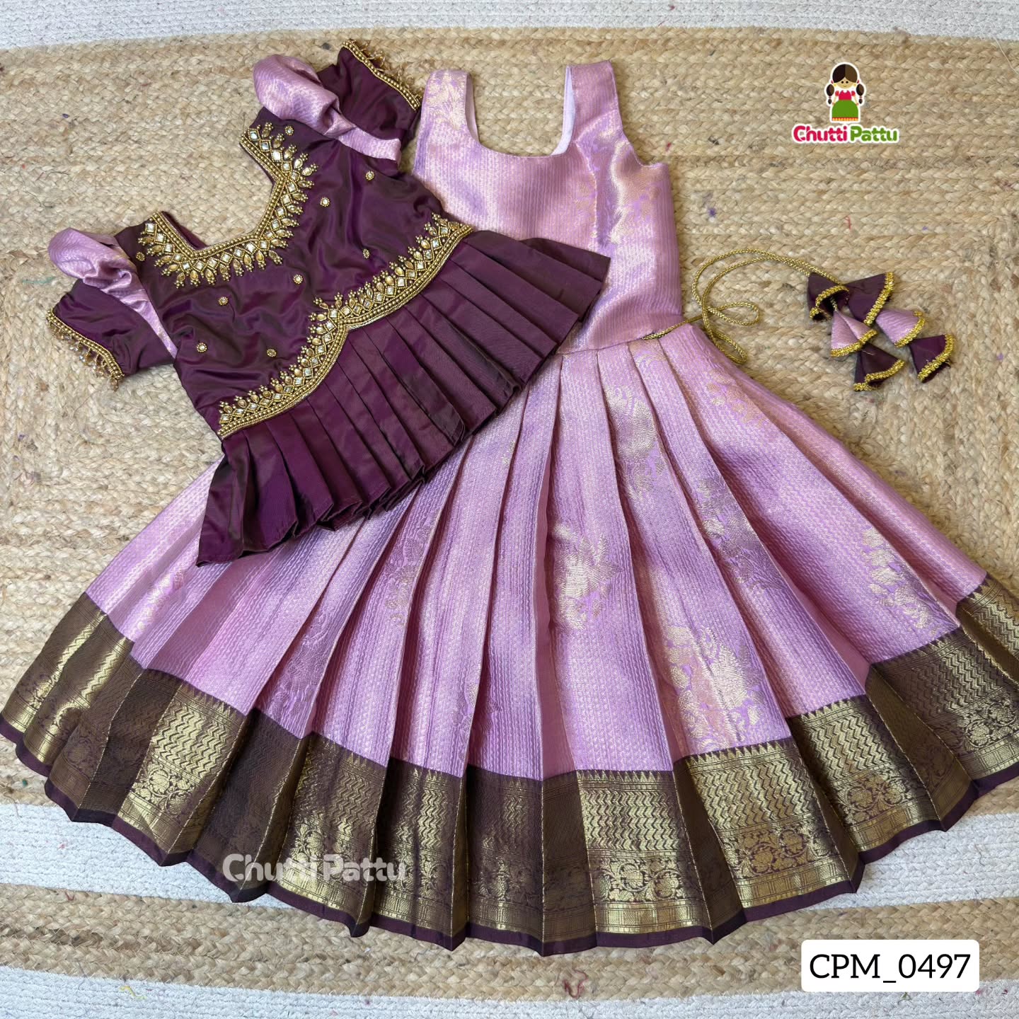 Lavender & Purple Aari Work Peplum Pattu Pavadai | CPM_0497