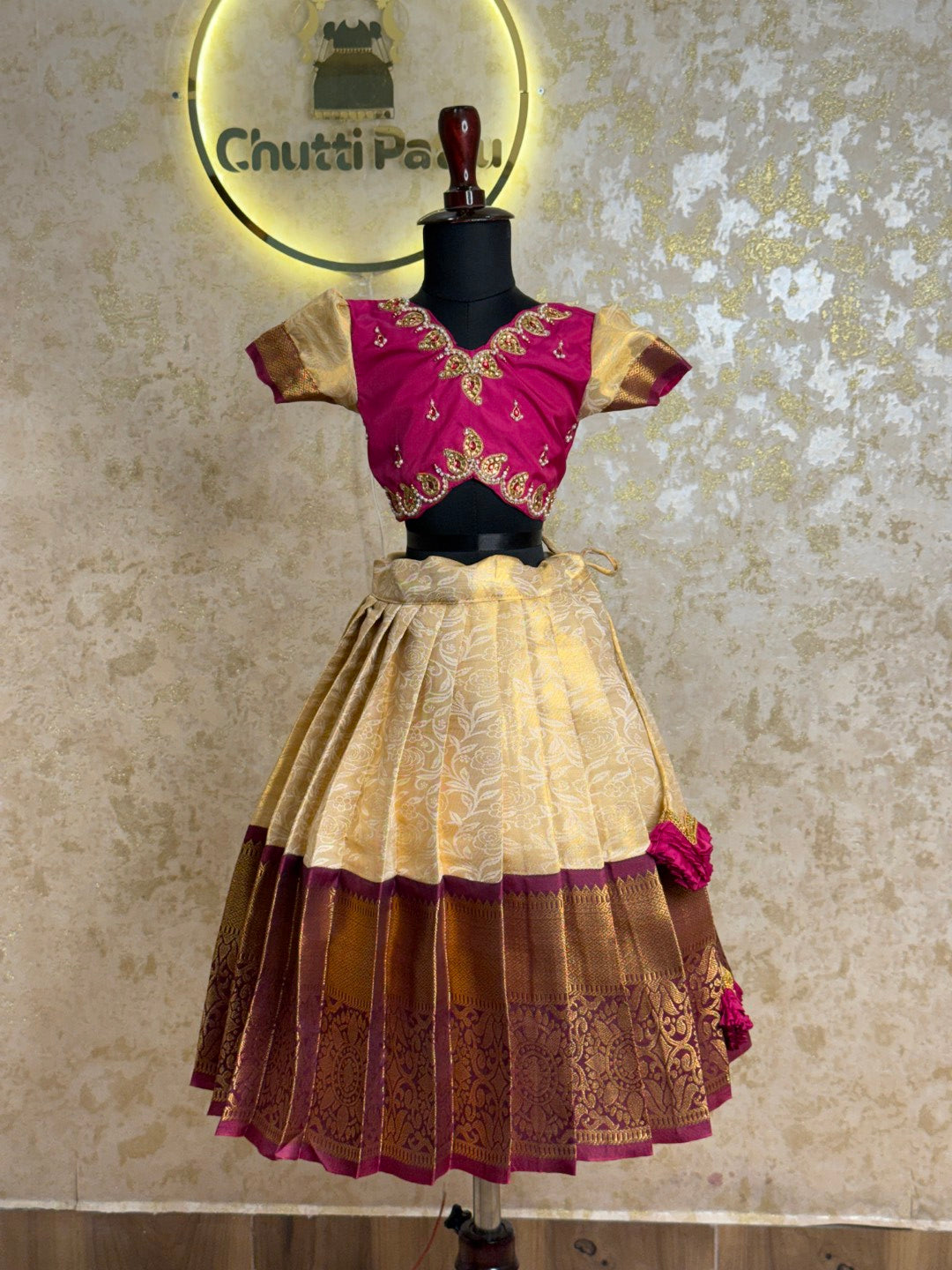 Magenta & Cream Pure Silk Half Saree | CPM_0498