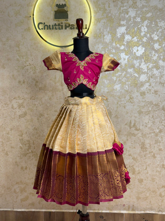 Magenta & Cream Pure Silk Half Saree | CPM_0498