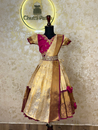 Magenta & Cream Pure Silk Half Saree | CPM_0498