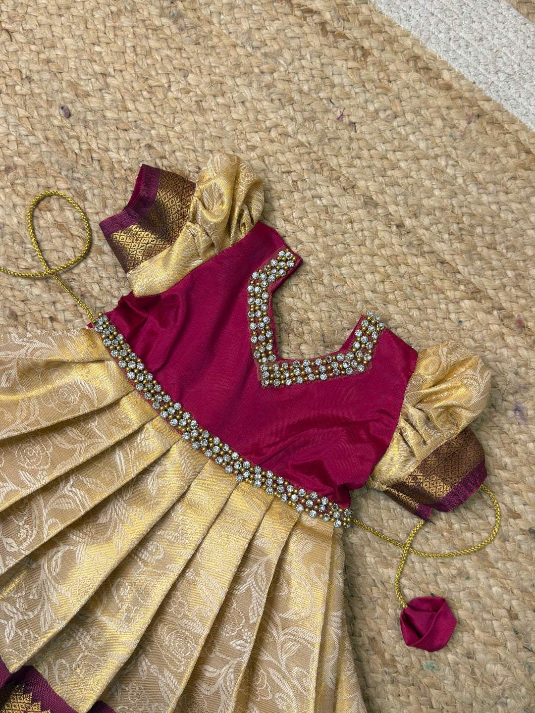 Magenta & Cream Pure Silk Full-Length Gown | CPM_0499