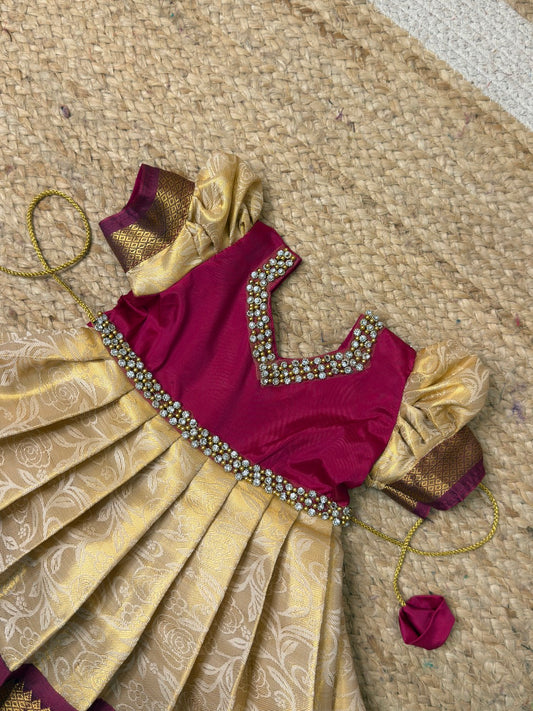 Magenta & Cream Pure Silk Full-Length Gown | CPM_0499