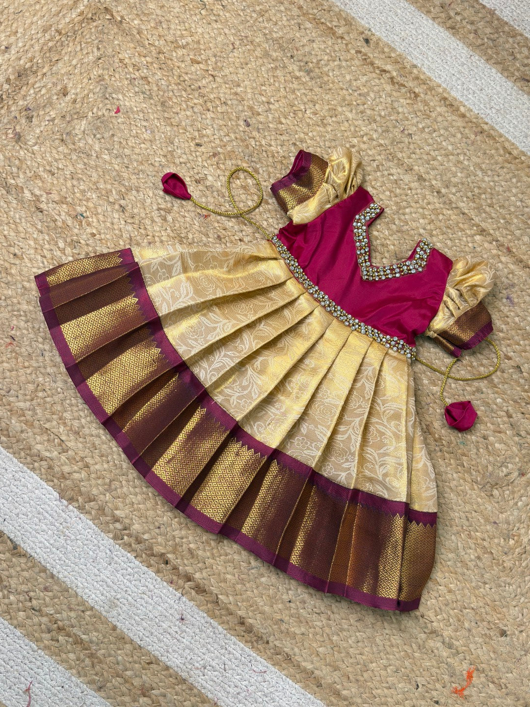 Magenta & Cream Pure Silk Full-Length Gown | CPM_0499