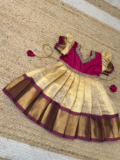 Magenta & Cream Pure Silk Full-Length Gown | CPM_0499