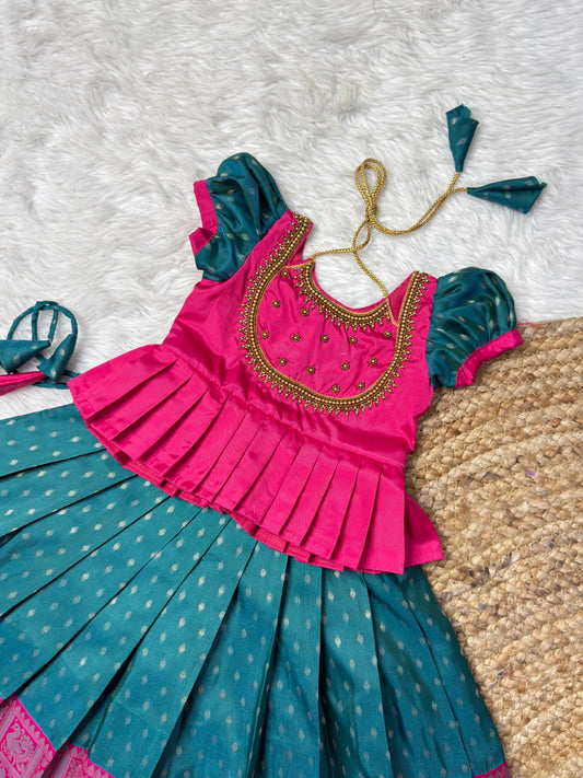 Ramar Green & Pink Kanchi Soft Silk Aari Pattu Pavadai | CPM_0500