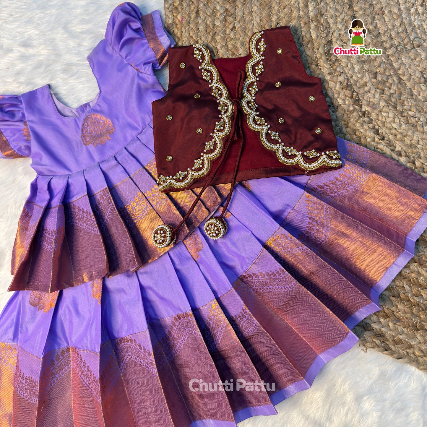 Lavender & Brown Two-in-One Kanchi Soft Silk Aari Overcoat Set | CPM_0504