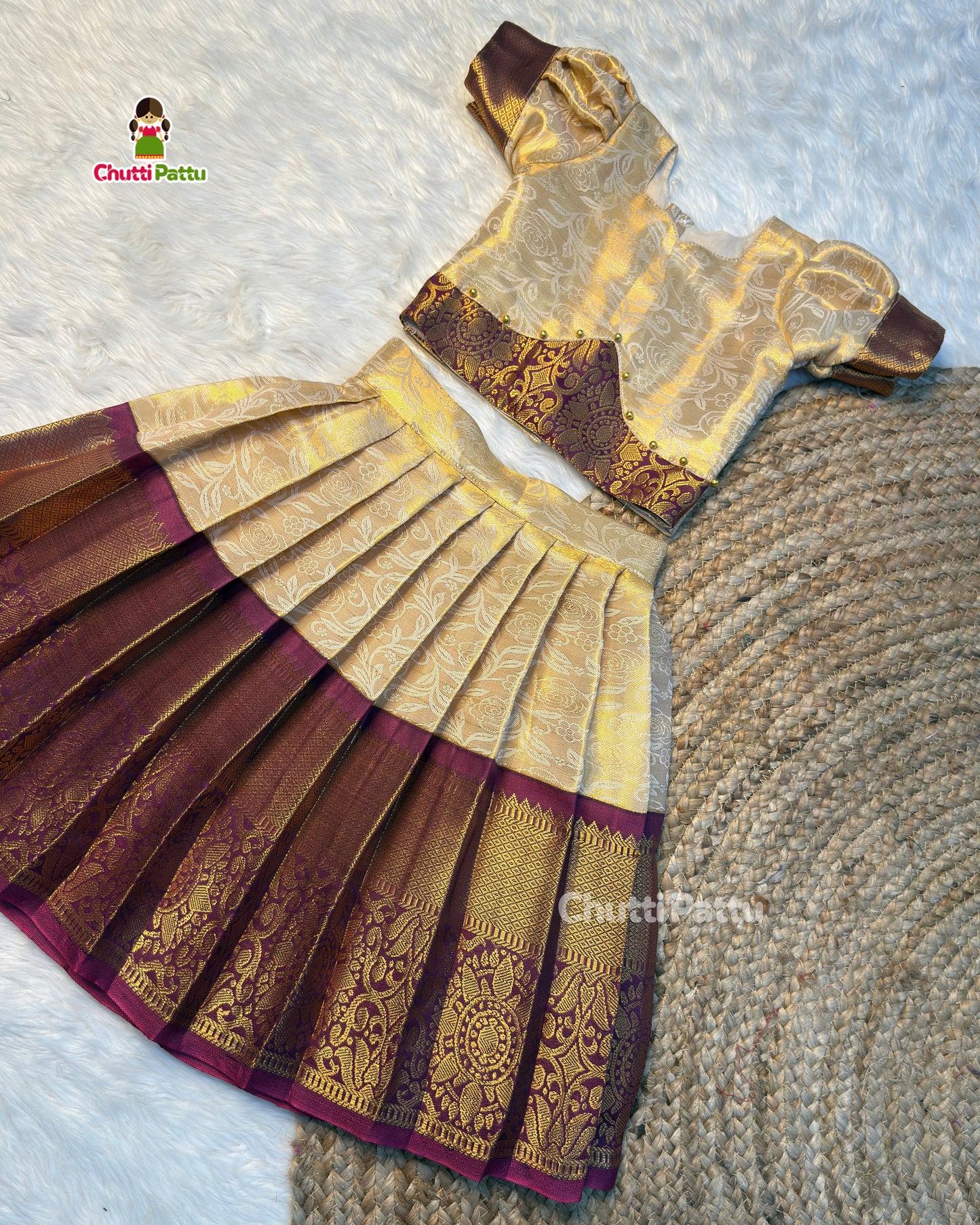 Off-White & Purple Pure Kanchi Silk Top & Skirt | CPM_0505