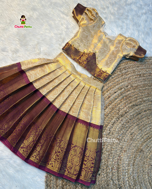 Off-White & Purple Pure Kanchi Silk Top & Skirt | CPM_0505