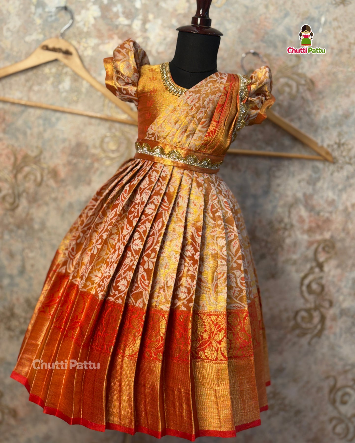 Red Kanchi Tissue Silk Gown with Detachable Dupatta | CPM_0506