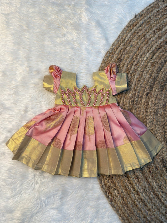 Aradhya Banarasi Soft Silk Pastel Gold & Pink Lotus Aari Work Puff Sleeves Gown | CPM_0507B