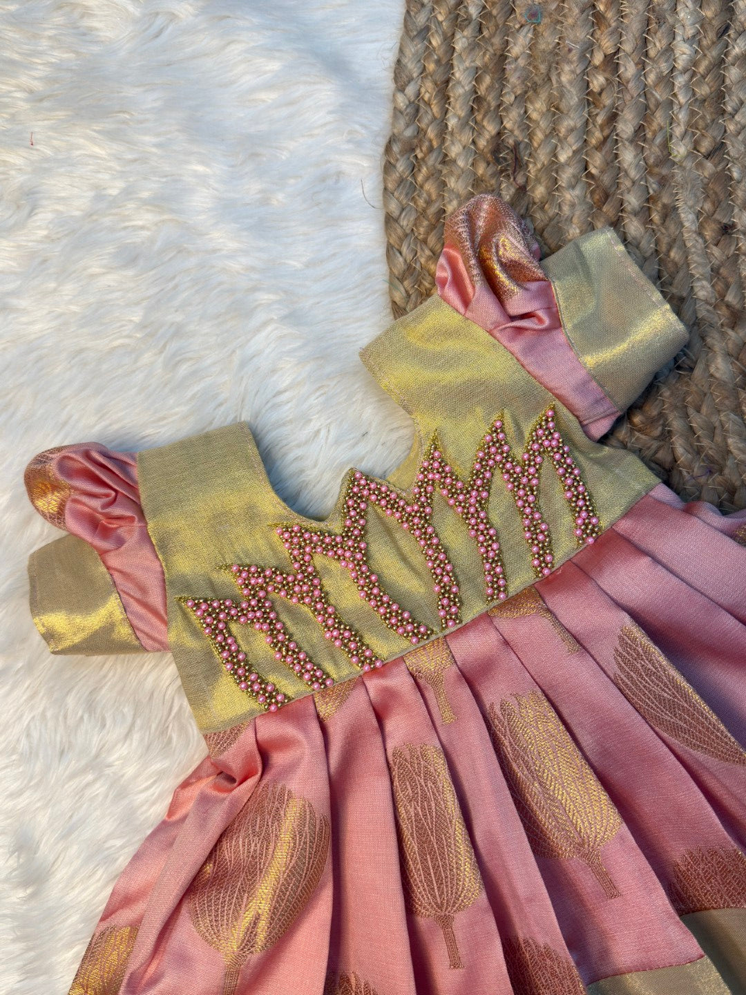 Aradhya Banarasi Soft Silk Pastel Gold & Pink Lotus Aari Work Puff Sleeves Gown | CPM_0507B