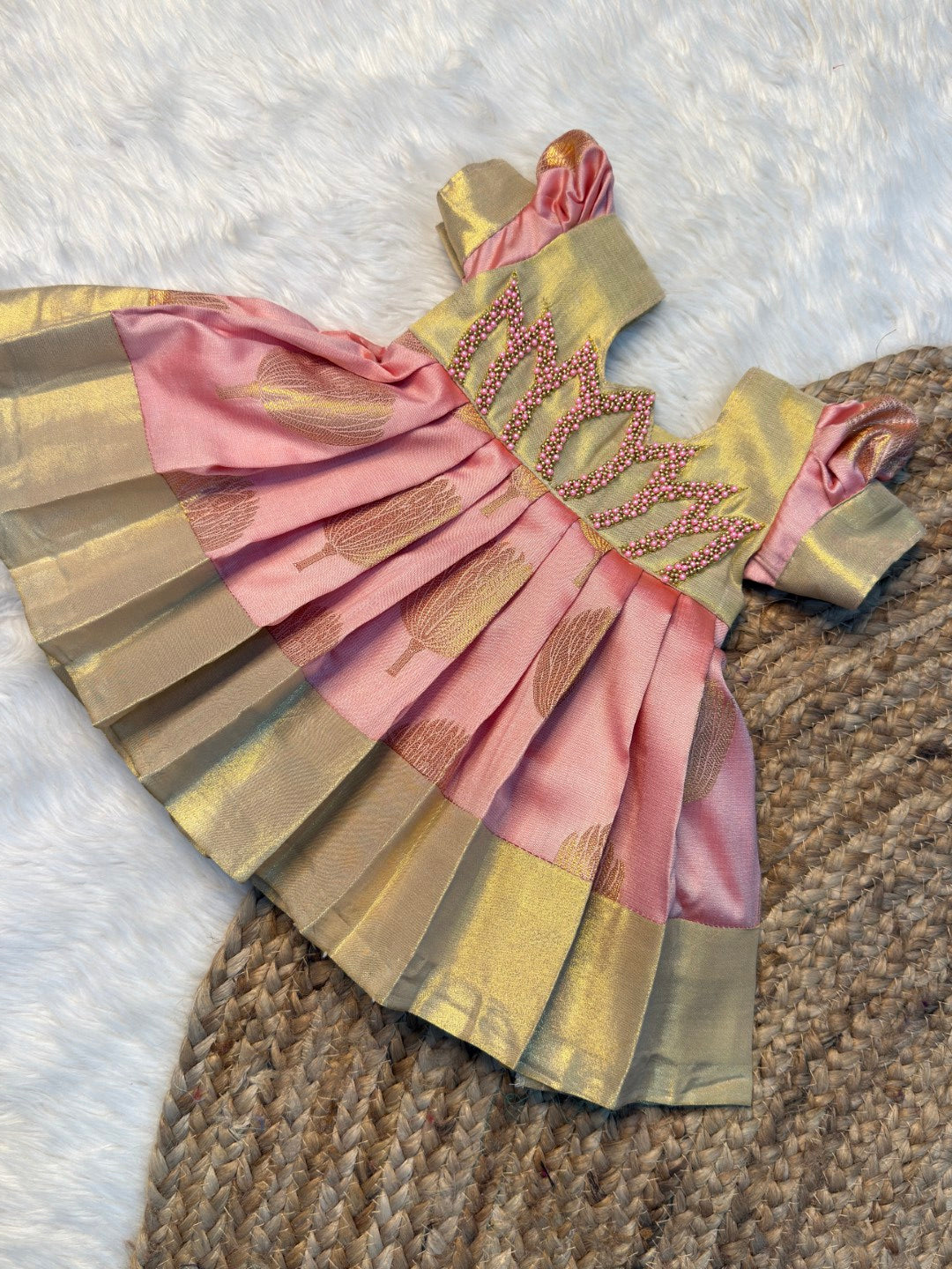 Aradhya Banarasi Soft Silk Pastel Gold & Pink Lotus Aari Work Puff Sleeves Gown | CPM_0507B