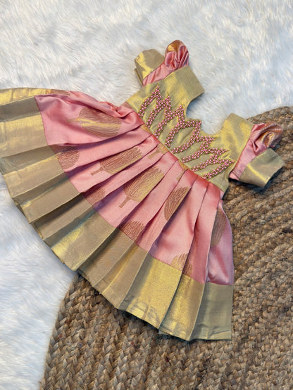 Aradhya Banarasi Soft Silk Pastel Gold & Pink Lotus Aari Work Puff Sleeves Gown | CPM_0507B