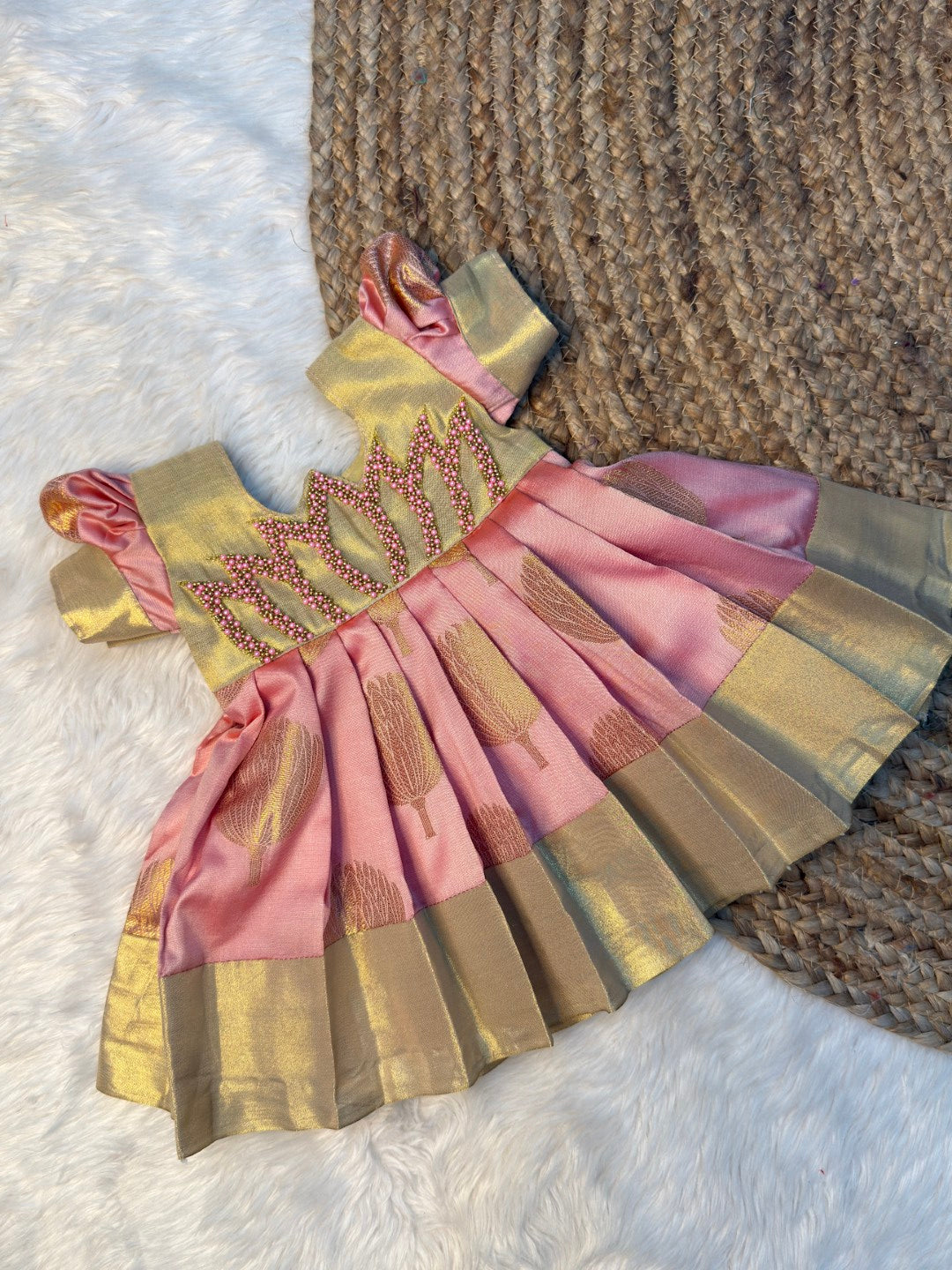 Aradhya Banarasi Soft Silk Pastel Gold & Pink Lotus Aari Work Puff Sleeves Gown | CPM_0507B