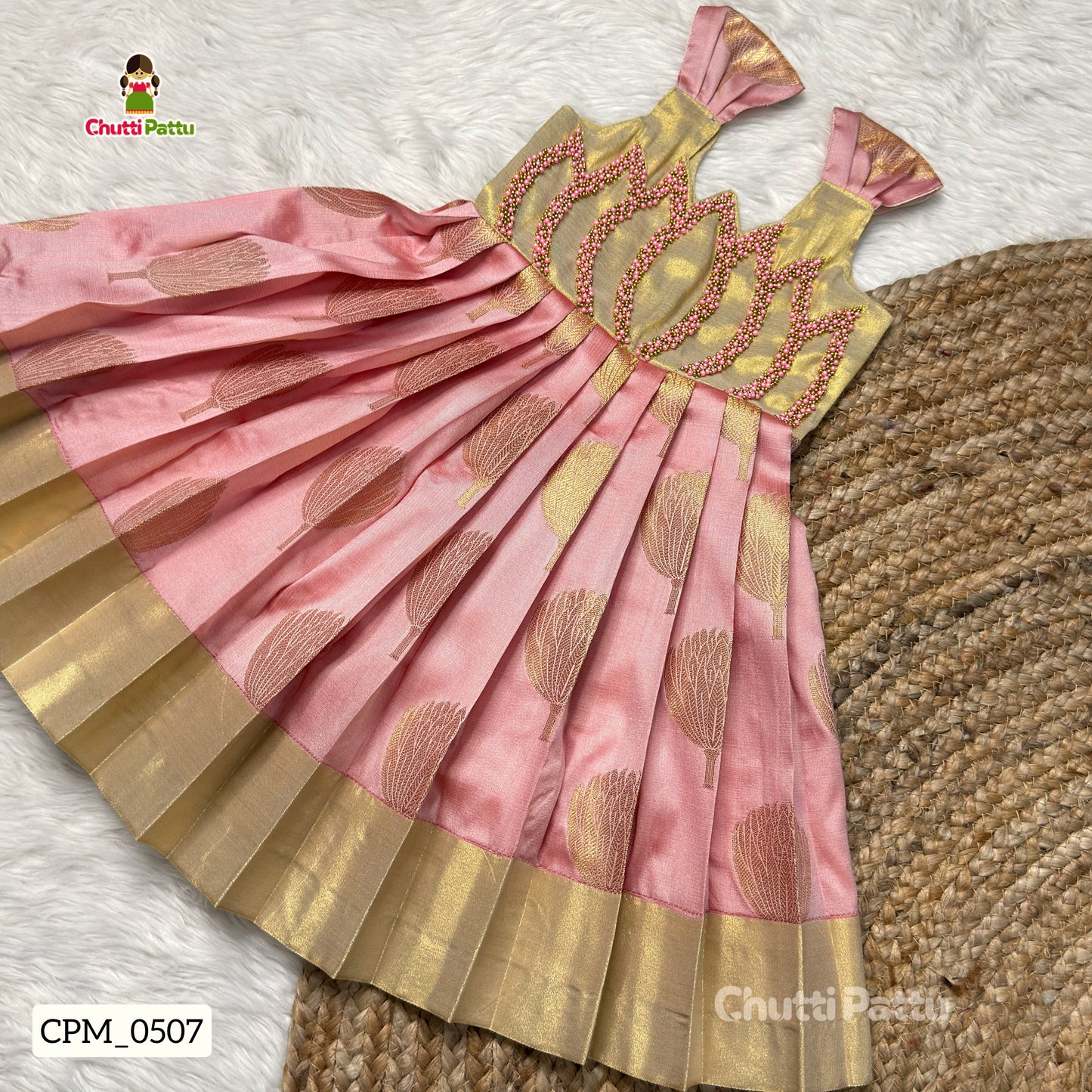 Aradhya Banarasi Soft Silk Pastel Gold & Pink Lotus Aari Work Gown | CPM_0507