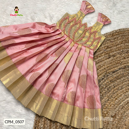 Aradhya Banarasi Soft Silk Pastel Gold & Pink Lotus Aari Work Gown | CPM_0507