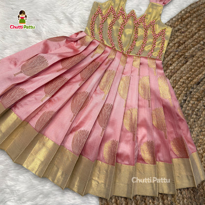 Aradhya Banarasi Soft Silk Pastel Gold & Pink Lotus Aari Work Gown | CPM_0507