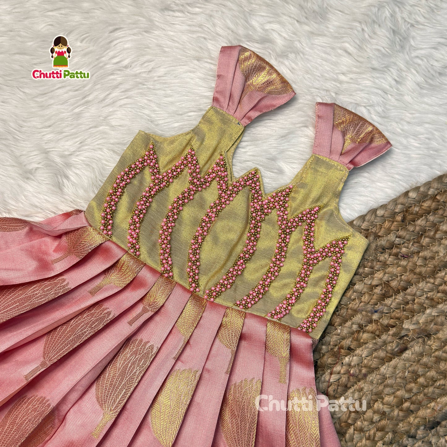 Aradhya Banarasi Soft Silk Pastel Gold & Pink Lotus Aari Work Gown | CPM_0507