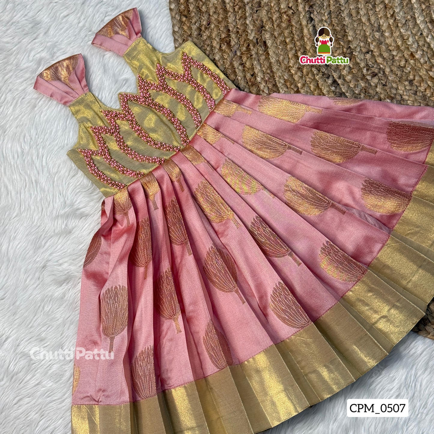 Aradhya Banarasi Soft Silk Pastel Gold & Pink Lotus Aari Work Gown | CPM_0507
