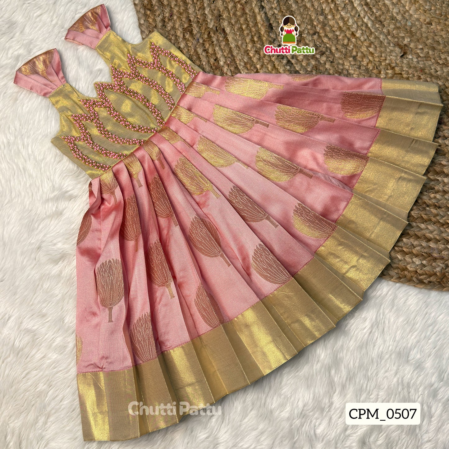 Aradhya Banarasi Soft Silk Pastel Gold & Pink Lotus Aari Work Gown | CPM_0507