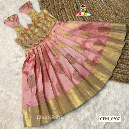 Aradhya Banarasi Soft Silk Pastel Gold & Pink Lotus Aari Work Gown | CPM_0507