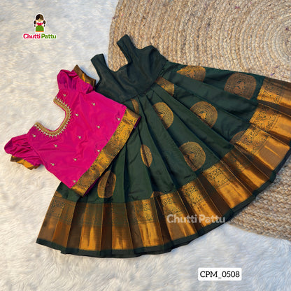 Bottle Green & Magenta Kanchi Soft Silk Aari Pattu Pavadai | CPM_0508