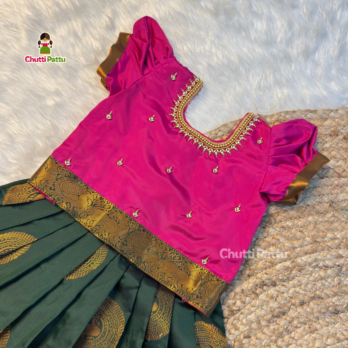Bottle Green & Magenta Kanchi Soft Silk Aari Pattu Pavadai | CPM_0508