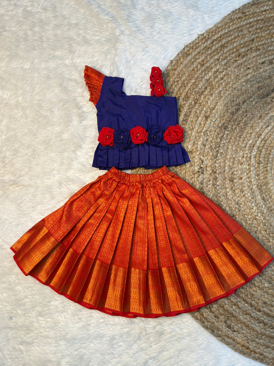 Dark Blue & Red Rose Pattu Pavadai | CPM_0515